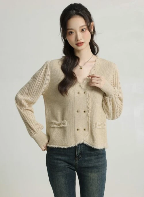 Beige Vneck Knit Sweater With Short Tassels