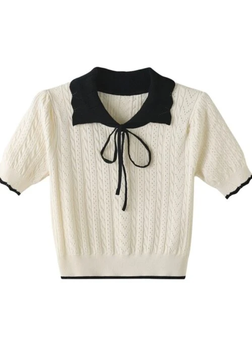 White Doll Collar Knitted Polo Shirt | Karina – Aespa