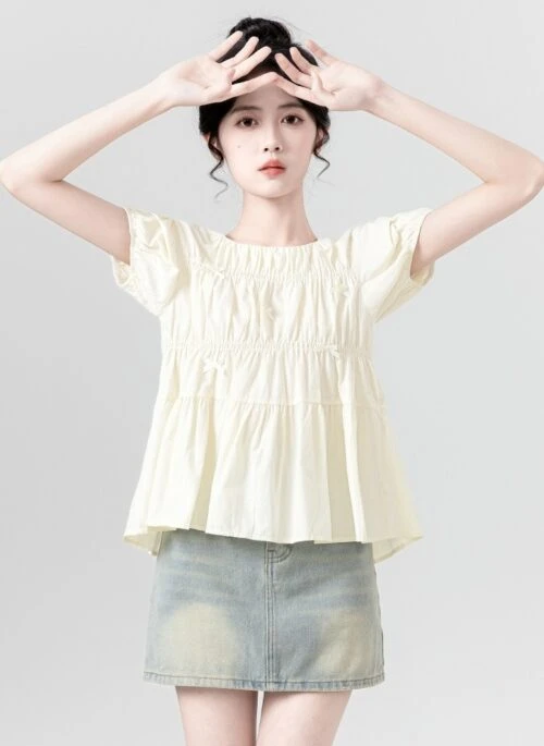 Beige Puffed Sleeves Mini Bows Top | Baek Seok Ryu – Love Next Door