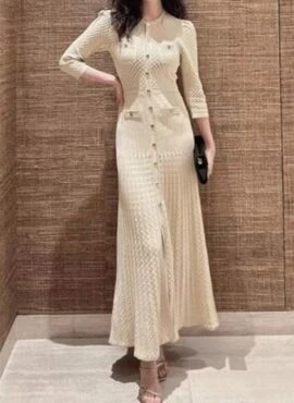 Beige Textured Long Sleeves Knitted Dress | Kang Bit Na – The Judge From Hell