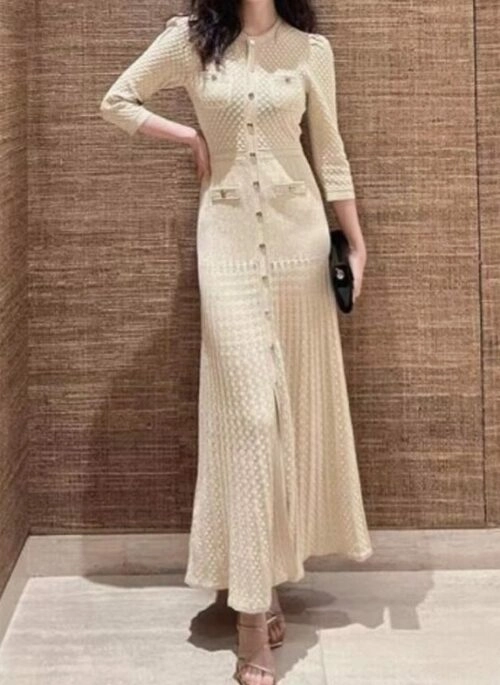 Beige Textured Long Sleeves Knitted Dress | Kang Bit Na - The Judge From Hell