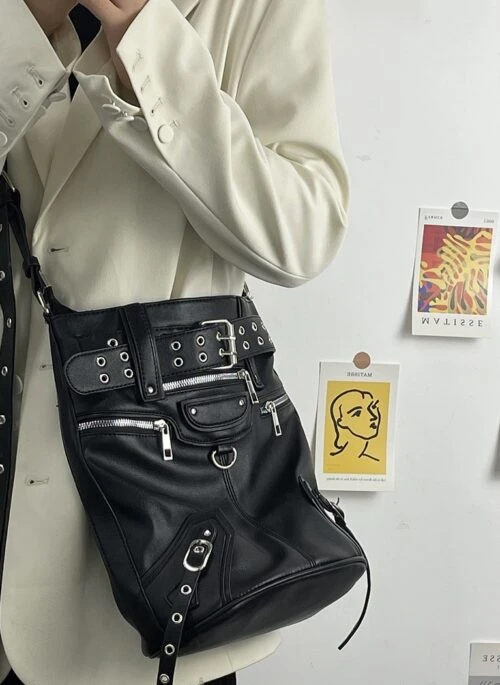 Black Studded Belt Accent Shoulder Bag | Wooyoung – ATEEZ