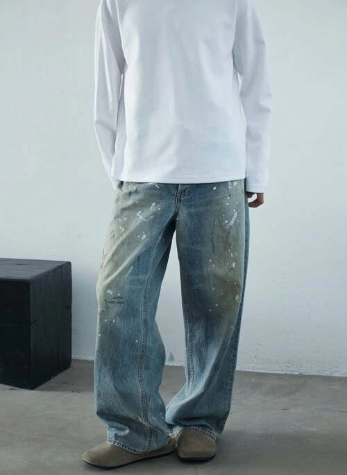 Blue Distressed Paint-Splatter Baggy Jeans | Jake - Enhypen