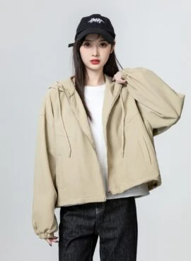 Casual Hooded Work Jacket In Khaki