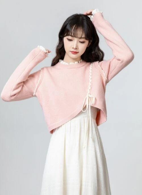 Chic Irregular Knit Sweater Pink Pullover