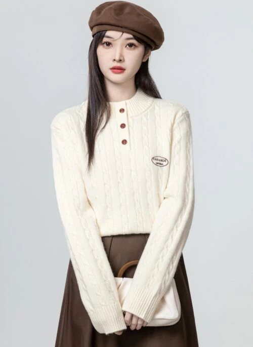 Cozy Thick Knit Sweater With Embroidered Logo