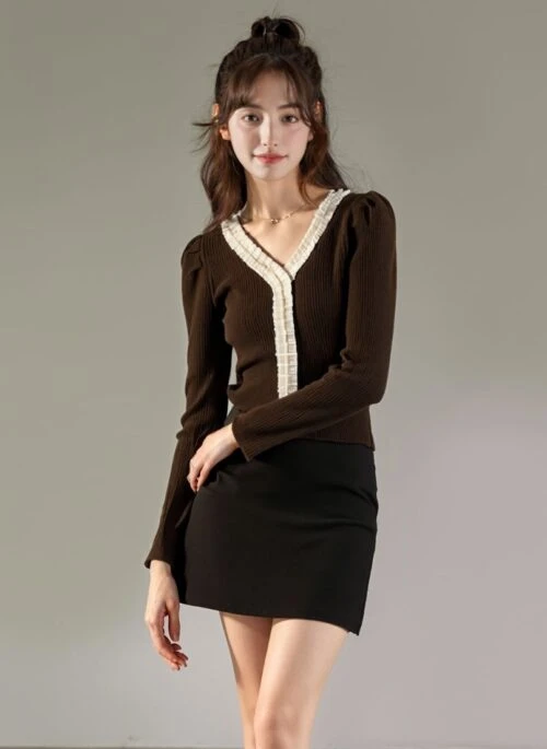 Brown Vneck Bubble Sleeve Sweater