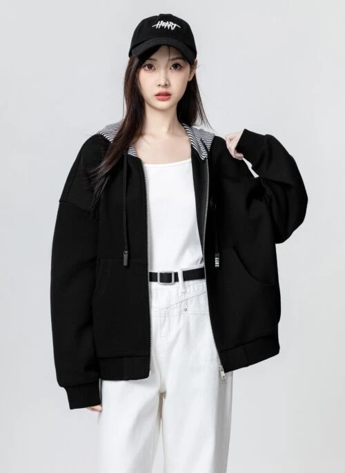 Black Drawstring Hooded Jacket