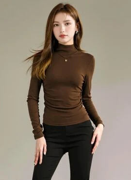 Brown Plain High Neck Knit Top