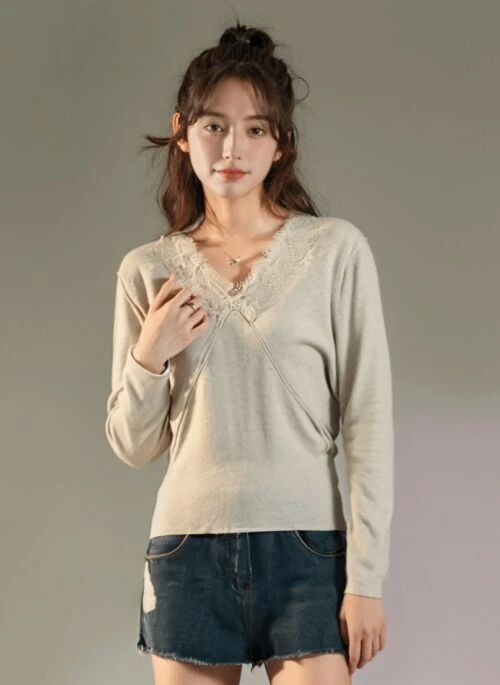 Lace Vneck Knit Sweater