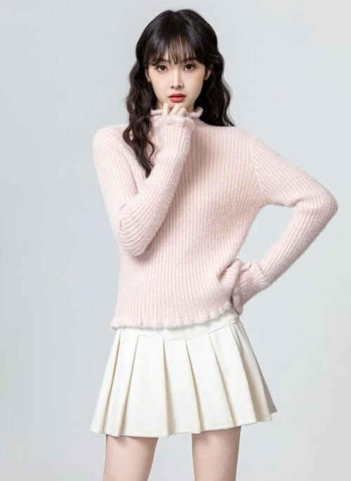 Pink Ruffled High Neck Sweater Top