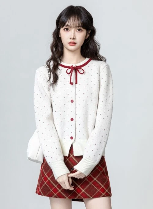 Polka Dot With Bow Tie Knit Cardigan