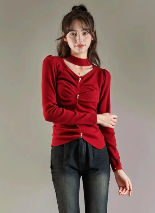 Red Halter Neck Knit Sweater