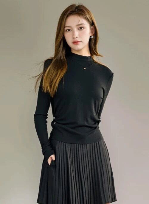 Black Plain High Neck Knit Top