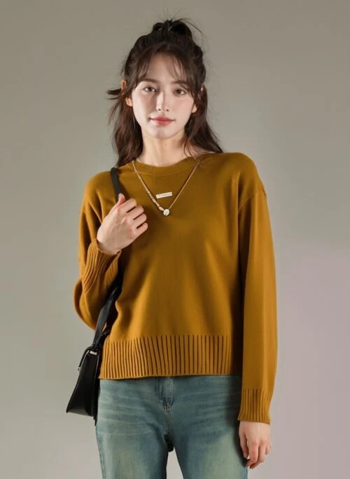 Brown Plain High Neck Sweater