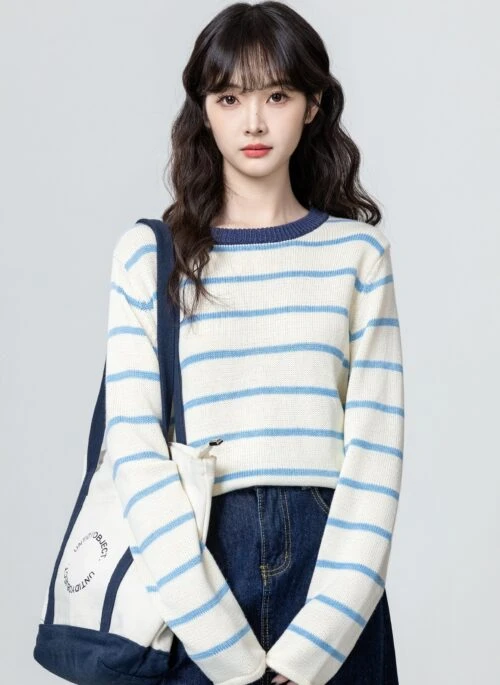 Blue Striped Long Sleeve Knit Sweater