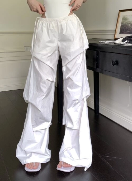 White Structured Pleats Drawstring Pants | Karina - Aespa