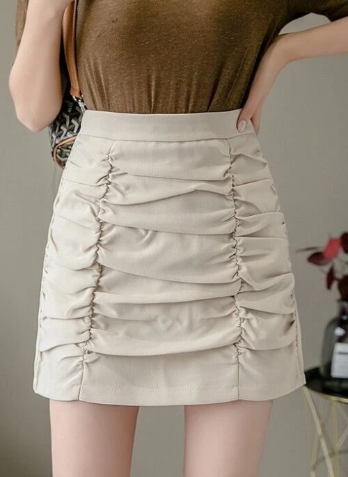 Beige Ruched Mini Skirt | Sana - TWICE