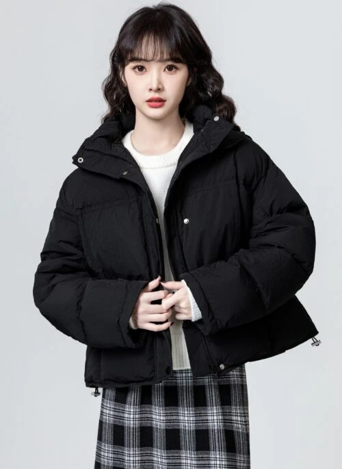 Black Hooded Down Jacket With Pockets