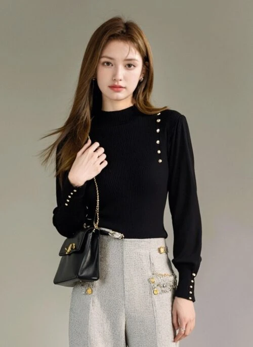 Black Knit Sweater With High Neck and Button Design