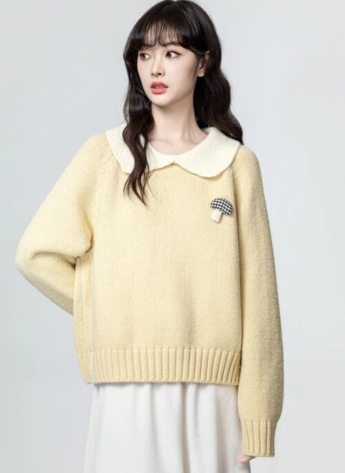 Yellow Doll Collar Thick Sweater Wth 3D Mushroom