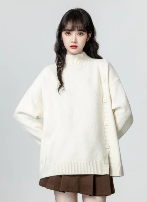 Cozy Knit Sweater With Side Button Design