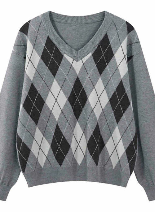 Grey Argyle V-Neck Knit Sweater | Jeno – NCT