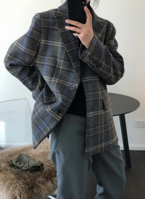 Grey Plaid Woolen Blazer Jacket | Hongjoong – ATEEZ