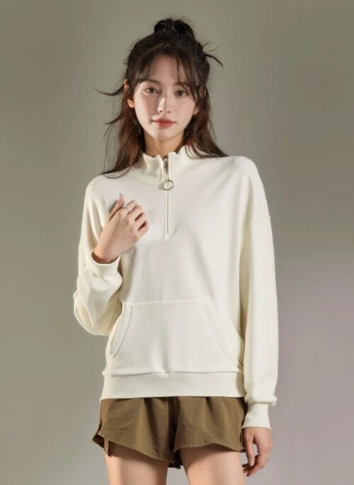 Beige High Neck Half Zip Pullover Sweater