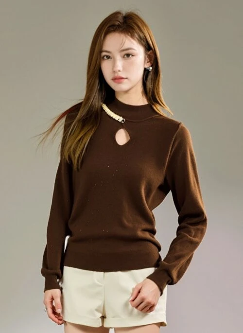 Hollow Design High Neck Knit Sweater With Half Chain Design