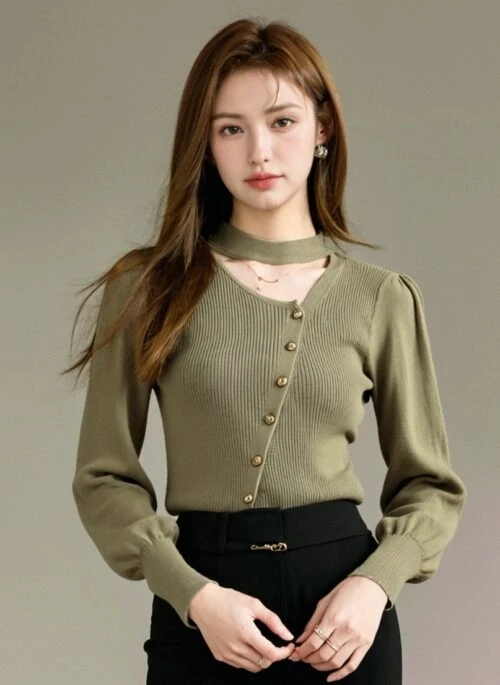 Hollow Knit Sweater With Asymmetrical Button Design