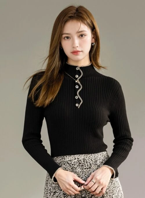 Black Stylish High Neck Knitted Sweater