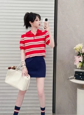 Red Striped Cropped Polo Shirt | Momo – Twice