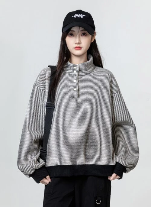 Striped High Neck Sweater With Quarter Buttons