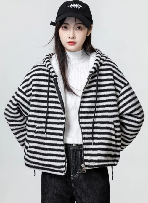 Striped Hooded Jacket With Pockets