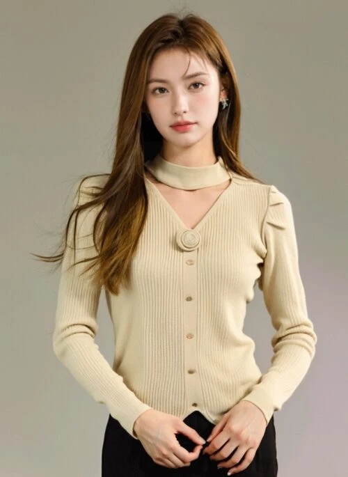 Beige Hollow Buttoned Knit Sweater Top With Front Slit