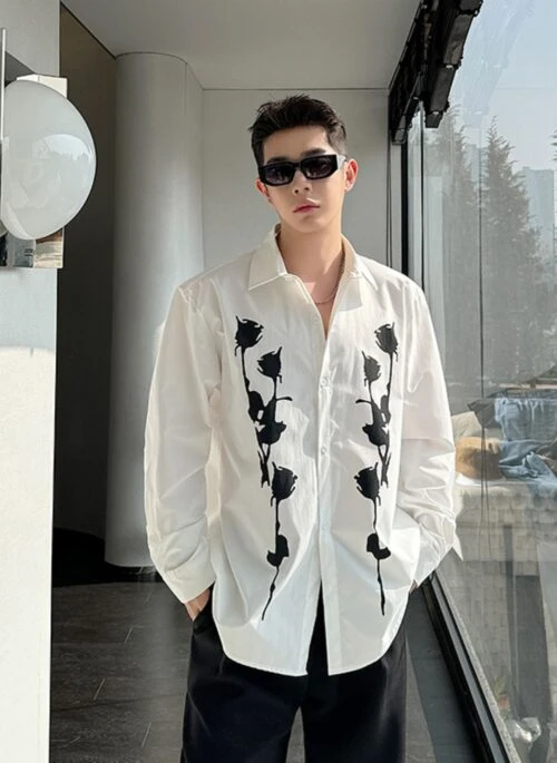 White Button Down Rose Print Shirt | Jungwon – Enhypen