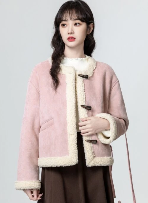 Winter Lamb Wool Coat With Pink Color