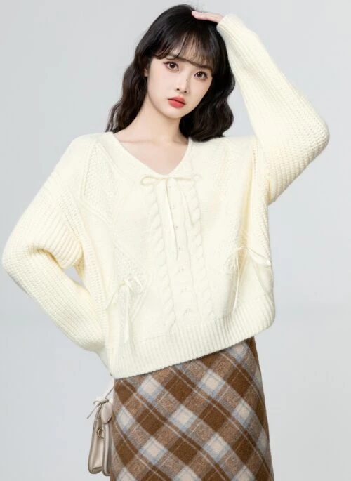 Apricot Vneck Cable Knit Sweater