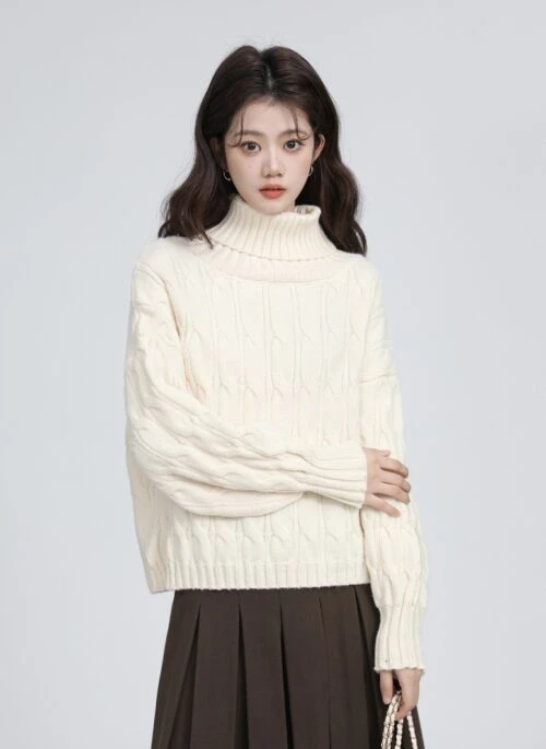 Beige Cable Knit Turtleneck Sweater