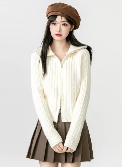 Beige Knitted High Neck Cardigan