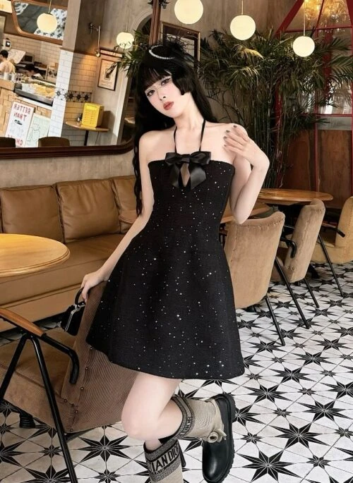 Black Bow Accent Sparkly Dress | Eunchae – Le Sserafim