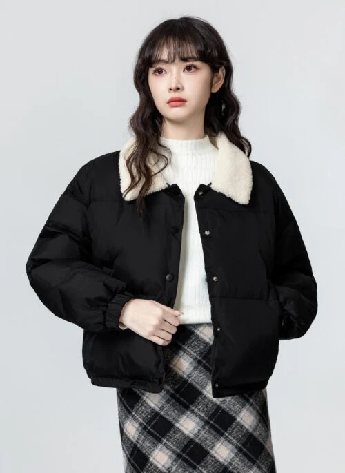 Black Cotton Padded Jacket With Shearling Collar