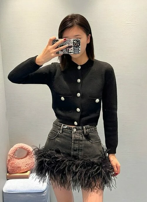 Black Furry Hem Denim Skirt | Jihyo – Twice