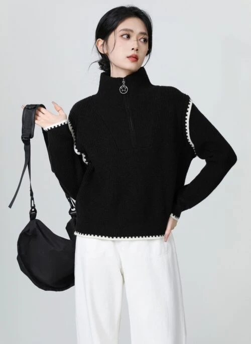 Black High Neck Halfzip Knit Sweater