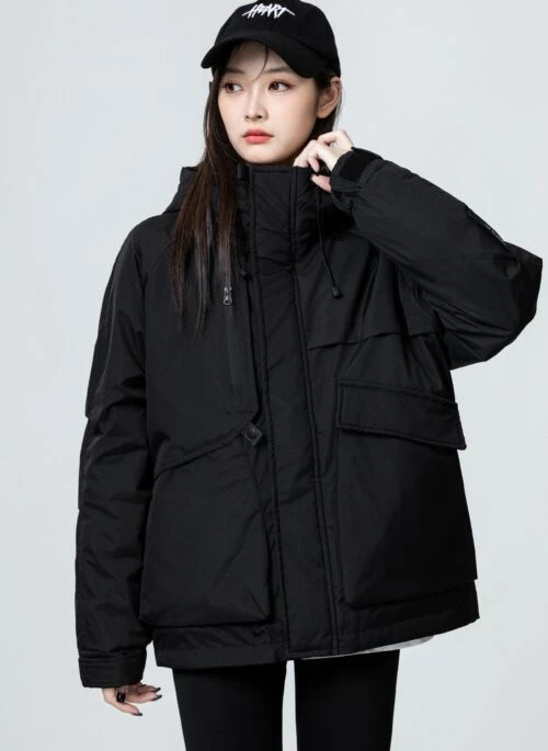 Black Hooded Cotton Padded Jacket