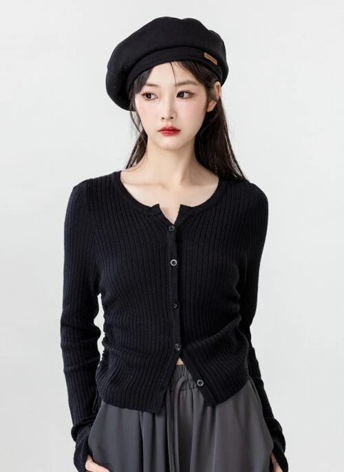 Black Knit Cardigan With Drawstring Design