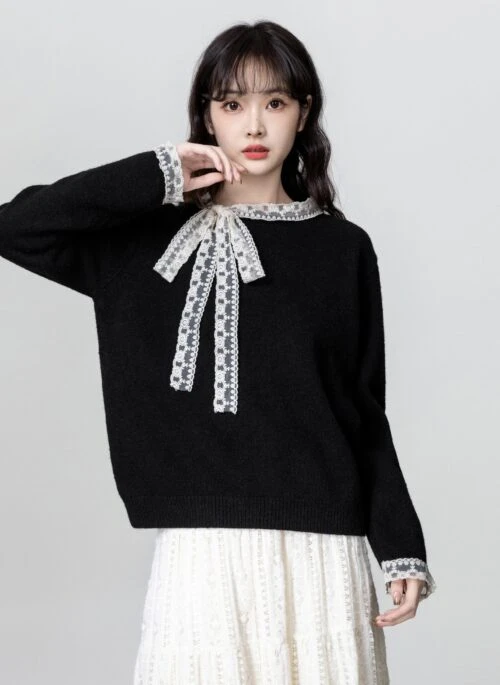 Black Lace Bow Knit Sweater Top