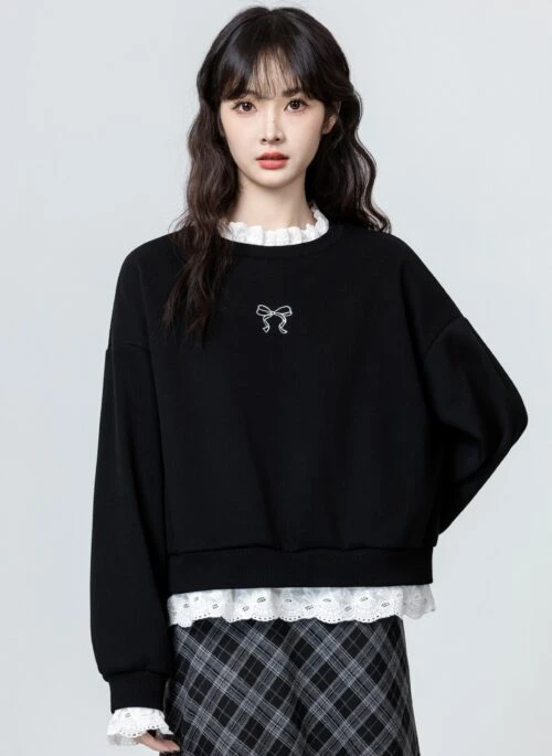 Black Lacetrimmed Fleece Sweatshirt