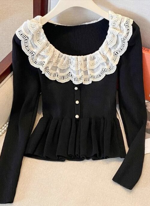 Black Ruffle Collar Peplum Top | Kazuha – Le Sserafim